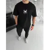 Unisex Bisiklet Yaka Baskılı Oversize T-Shirt - Siyah - 104343