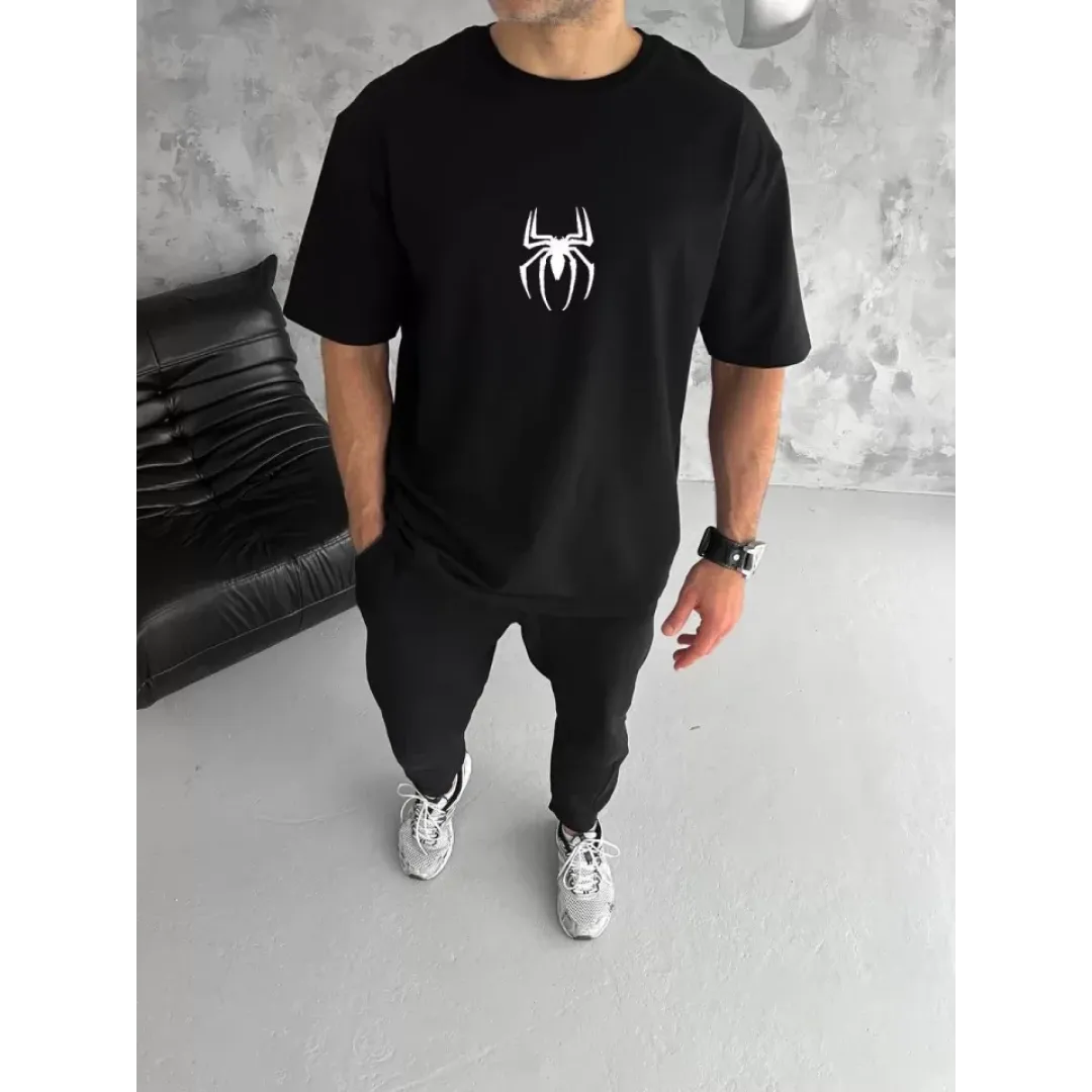 Unisex Bisiklet Yaka Baskılı Oversize T-Shirt - Siyah - 104343