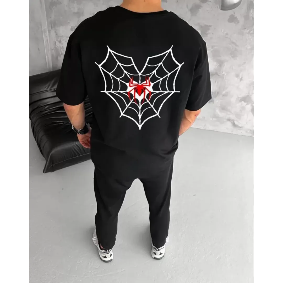 Unisex Bisiklet Yaka Baskılı Oversize T-Shirt - Siyah - 104343