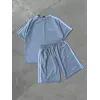 Unisex Şeritli Baskılı Şortlu Takım - Boyalı Gri - 104346 Unisex Şeritli Baskılı Şortlu Takım - Boyalı Gri - 104346