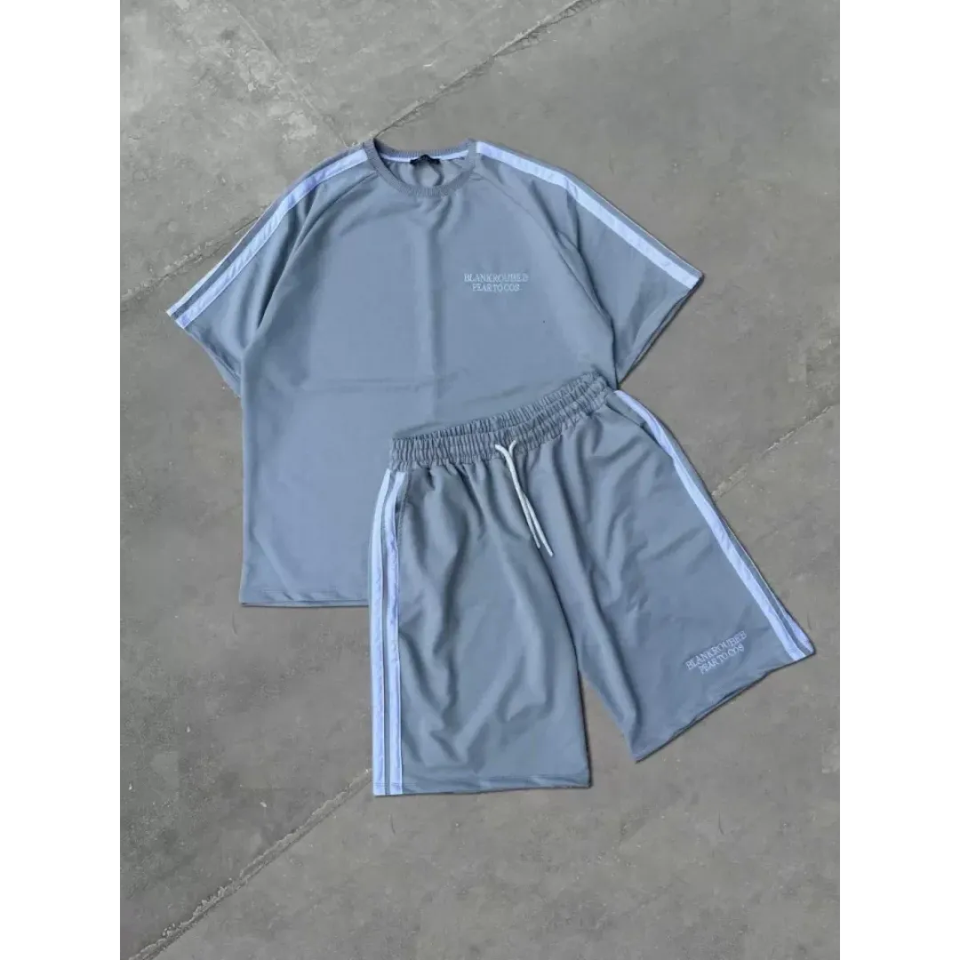 Unisex Şeritli Baskılı Şortlu Takım - Boyalı Gri - 104346 Unisex Şeritli Baskılı Şortlu Takım - Boyalı Gri - 104346
