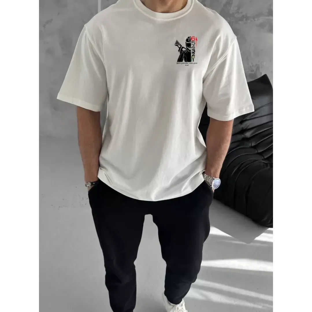 Unisex Bisiklet Yaka Baskılı Oversize T-Shirt - Beyaz - 104348