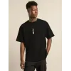 Unisex Bisiklet Yaka Baskılı Oversize T-Shirt - Siyah - 104351