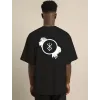 Unisex Bisiklet Yaka Baskılı Oversize T-Shirt - Siyah - 104351