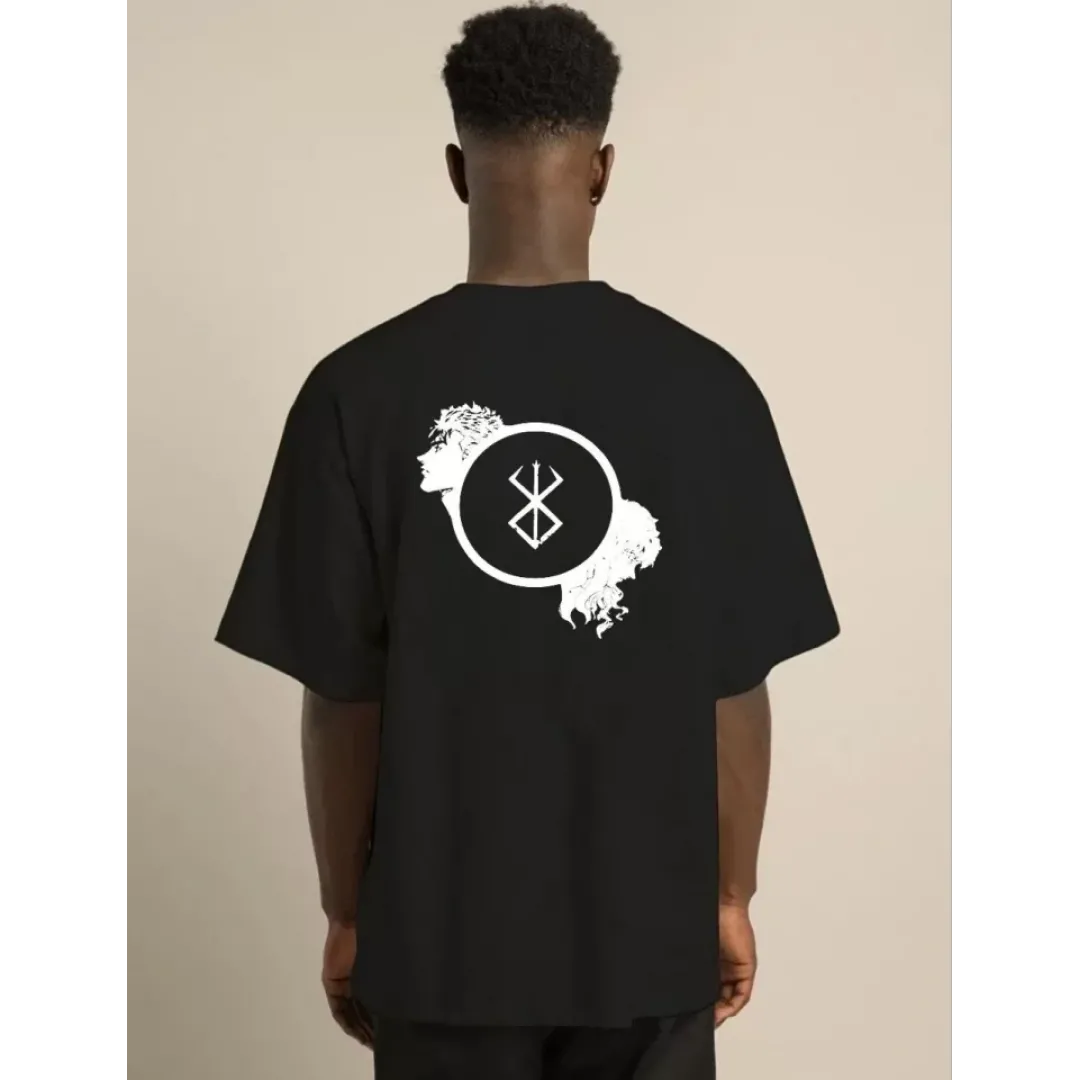 Unisex Bisiklet Yaka Baskılı Oversize T-Shirt - Siyah - 104351