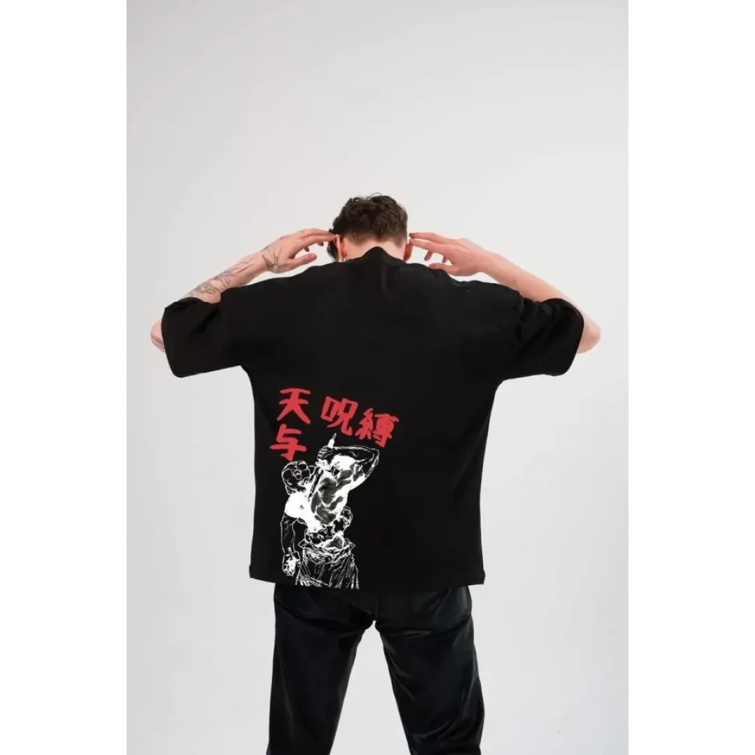 Unisex Bisiklet Yaka Baskılı Oversize T-Shirt - Siyah - 104353 Unisex Bisiklet Yaka Baskılı Oversize T-Shirt - Siyah - 104353