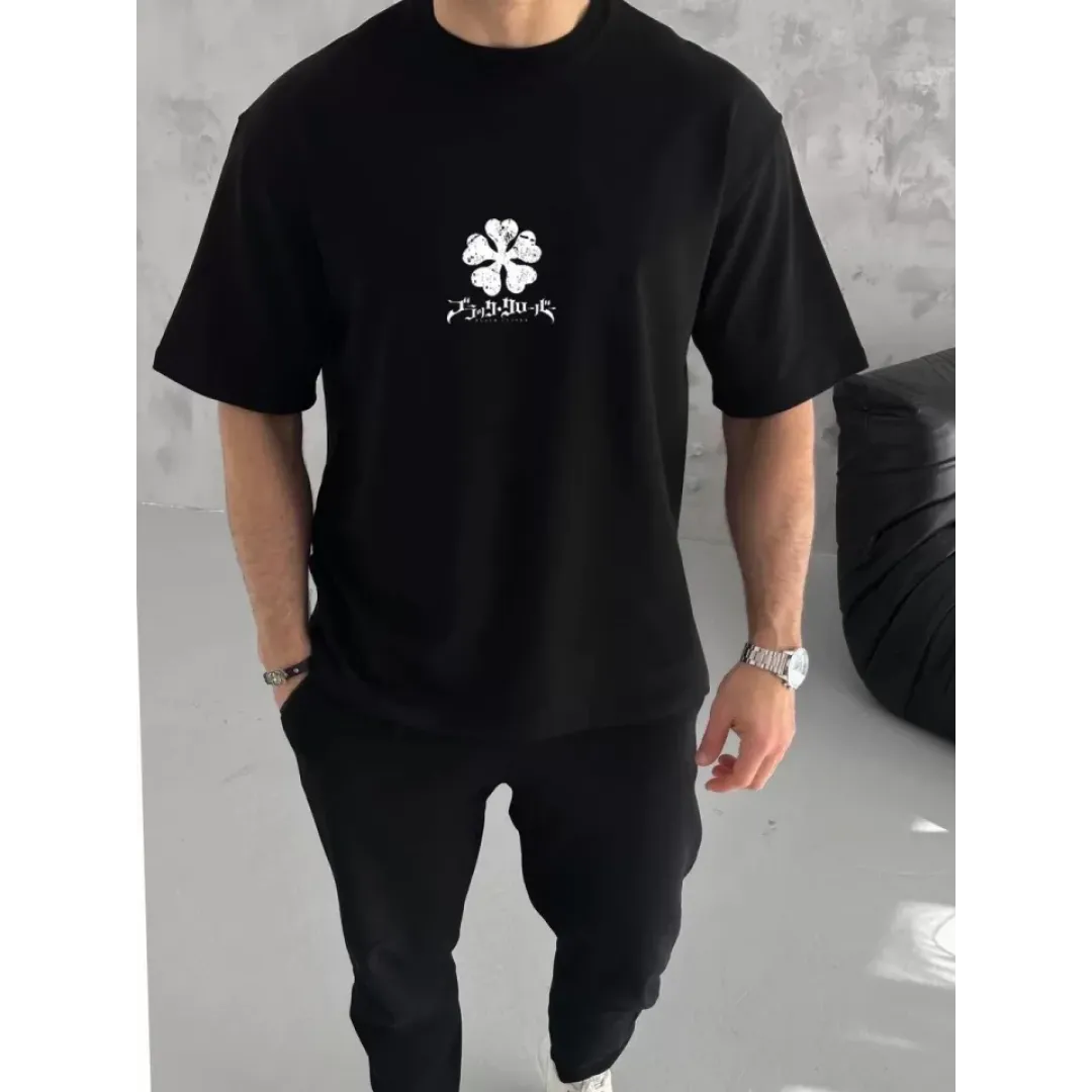 Unisex Bisiklet Yaka Baskılı Oversize T-Shirt - Siyah