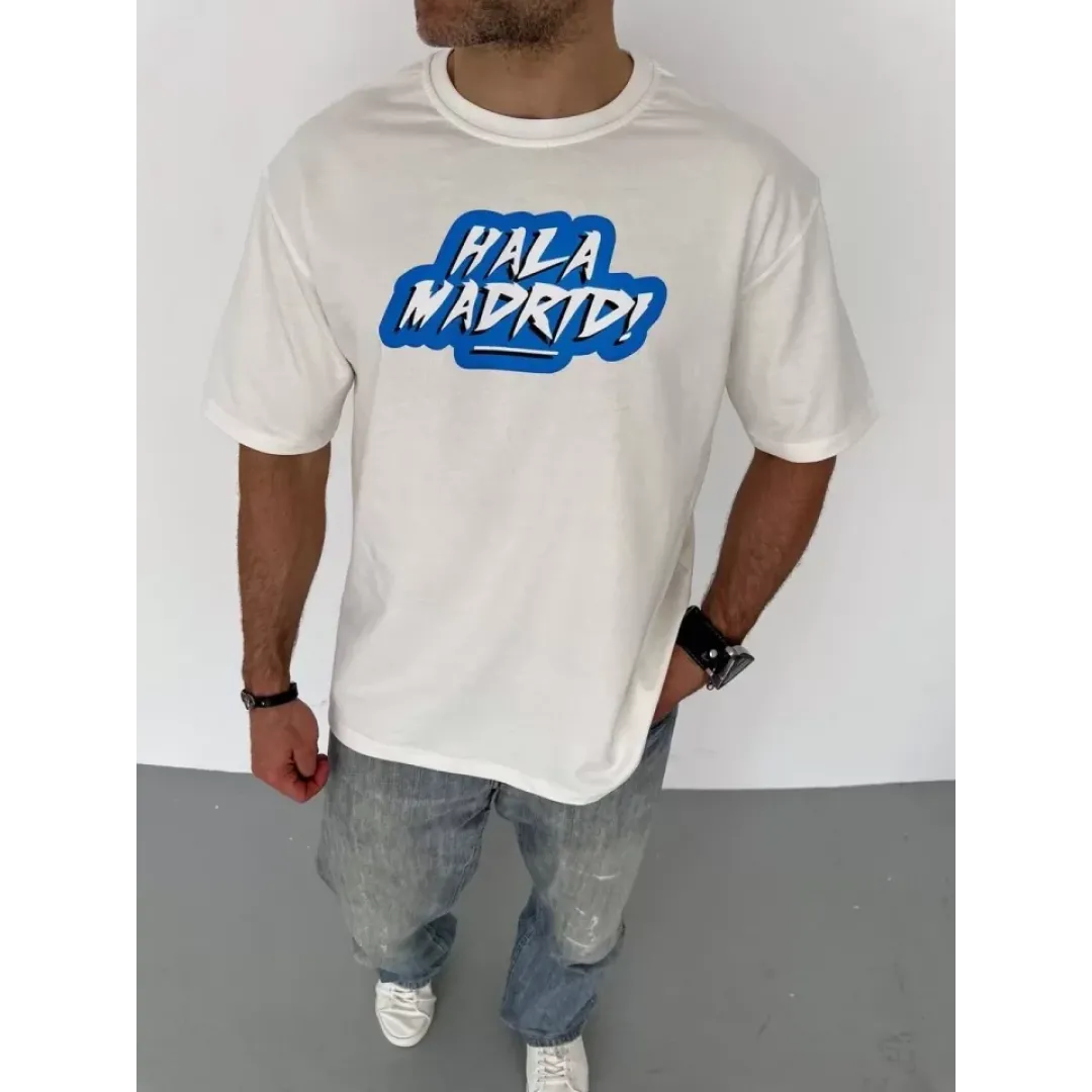 Unisex Bisiklet Yaka Baskılı Oversize T-Shirt - Beyaz - 104358