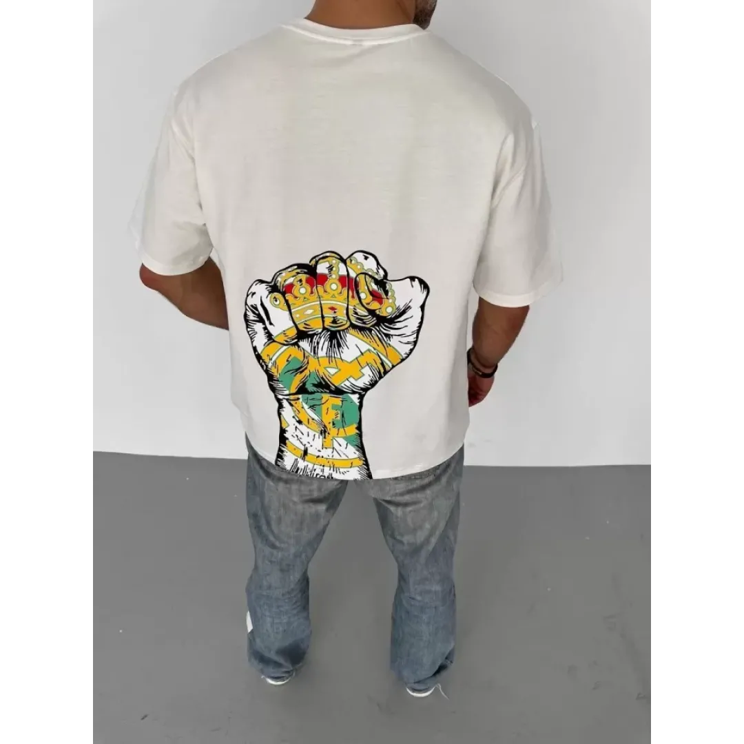 Unisex Bisiklet Yaka Baskılı Oversize T-Shirt - Beyaz - 104358