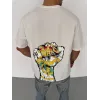 Unisex Bisiklet Yaka Baskılı Oversize T-Shirt - Beyaz - 104358