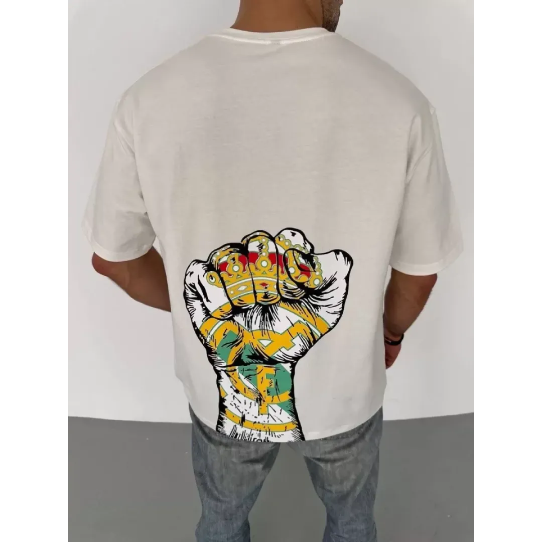 Unisex Bisiklet Yaka Baskılı Oversize T-Shirt - Beyaz - 104358