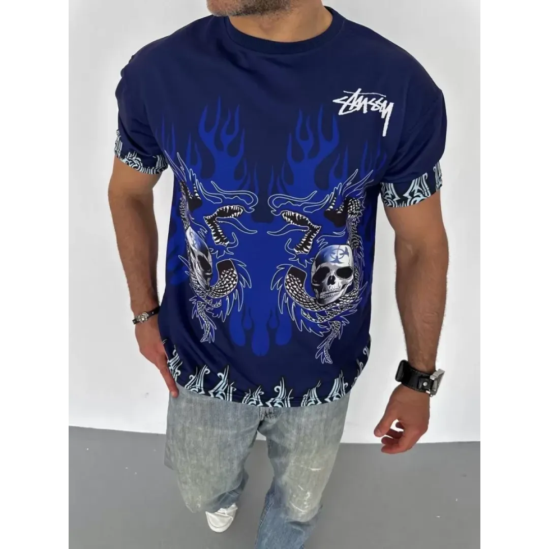 Unisex Bisiklet Yaka Baskılı Oversize T-Shirt - Lacivert - 104359 Unisex Bisiklet Yaka Baskılı Oversize T-Shirt - Lacivert - 104359