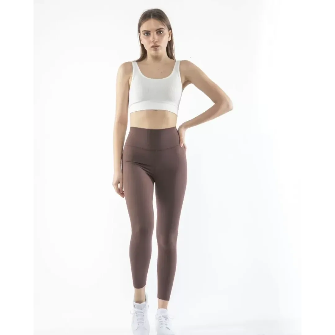 Yüksek Bel Sporcu Düz Tayt - Kahverengi - 104363