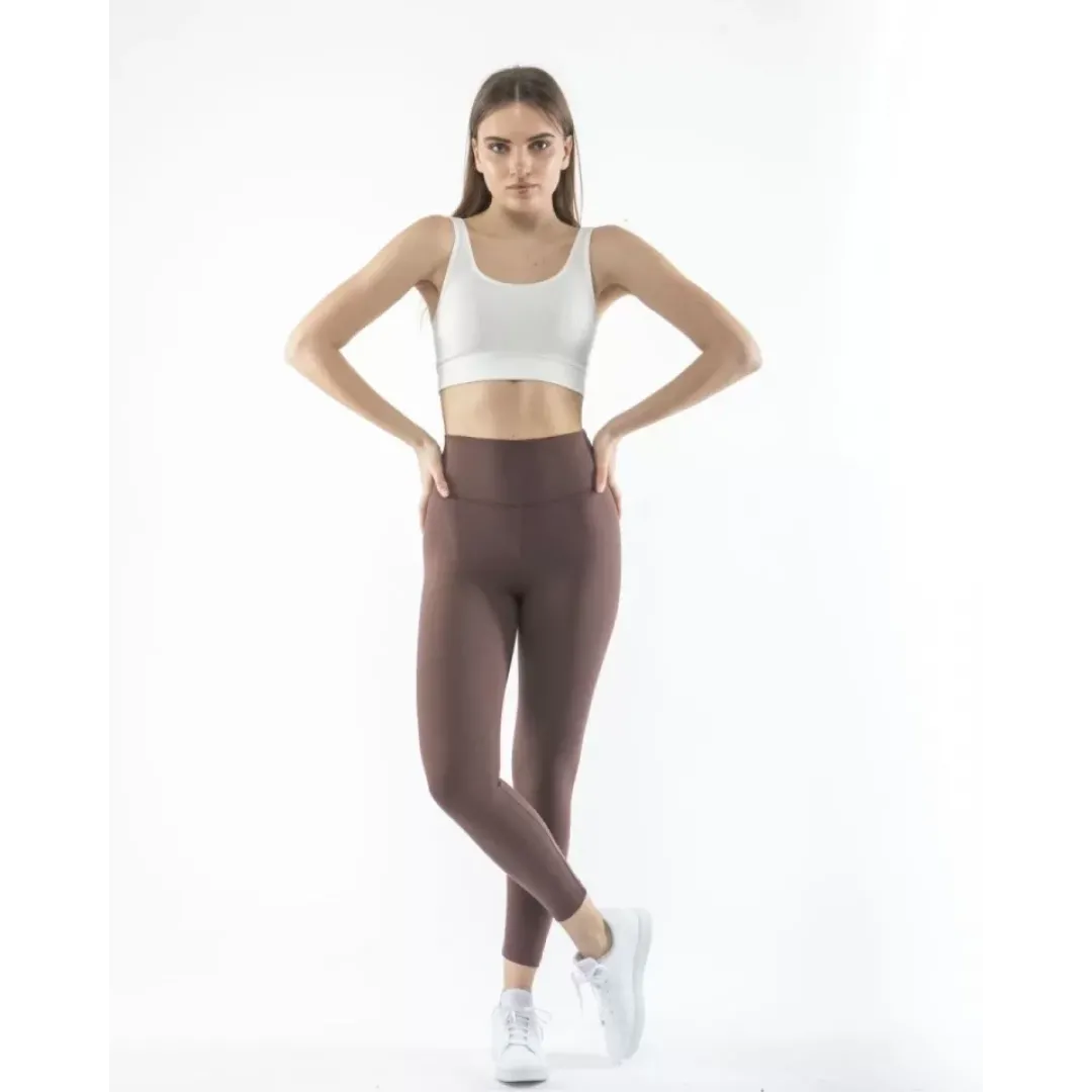 Yüksek Bel Sporcu Düz Tayt - Kahverengi - 104363