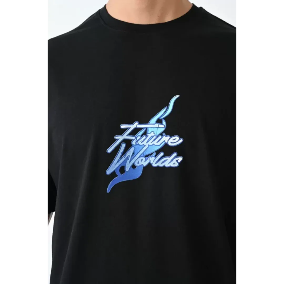 Unisex Bisiklet Yaka Baskılı Oversize T-Shirt - Siyah - 104372 Unisex Bisiklet Yaka Baskılı Oversize T-Shirt - Siyah - 104372