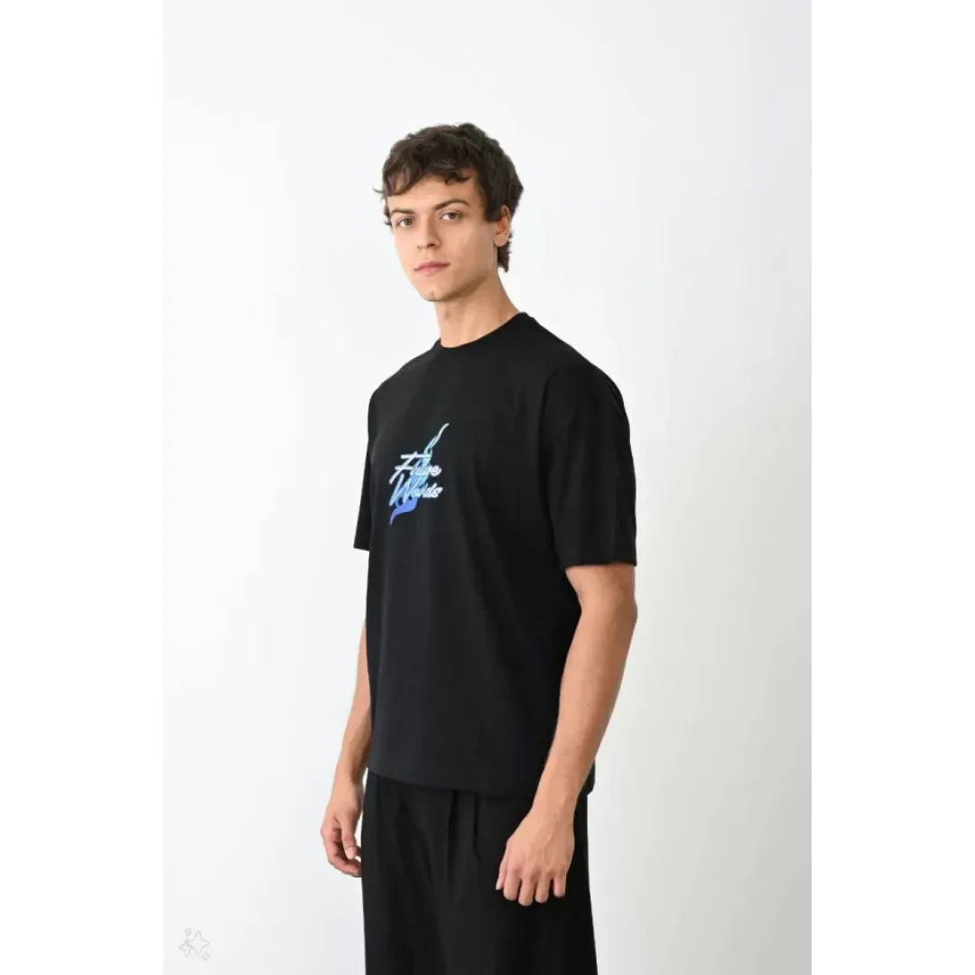 Unisex Bisiklet Yaka Baskılı Oversize T-Shirt - Siyah - 104372 Unisex Bisiklet Yaka Baskılı Oversize T-Shirt - Siyah - 104372