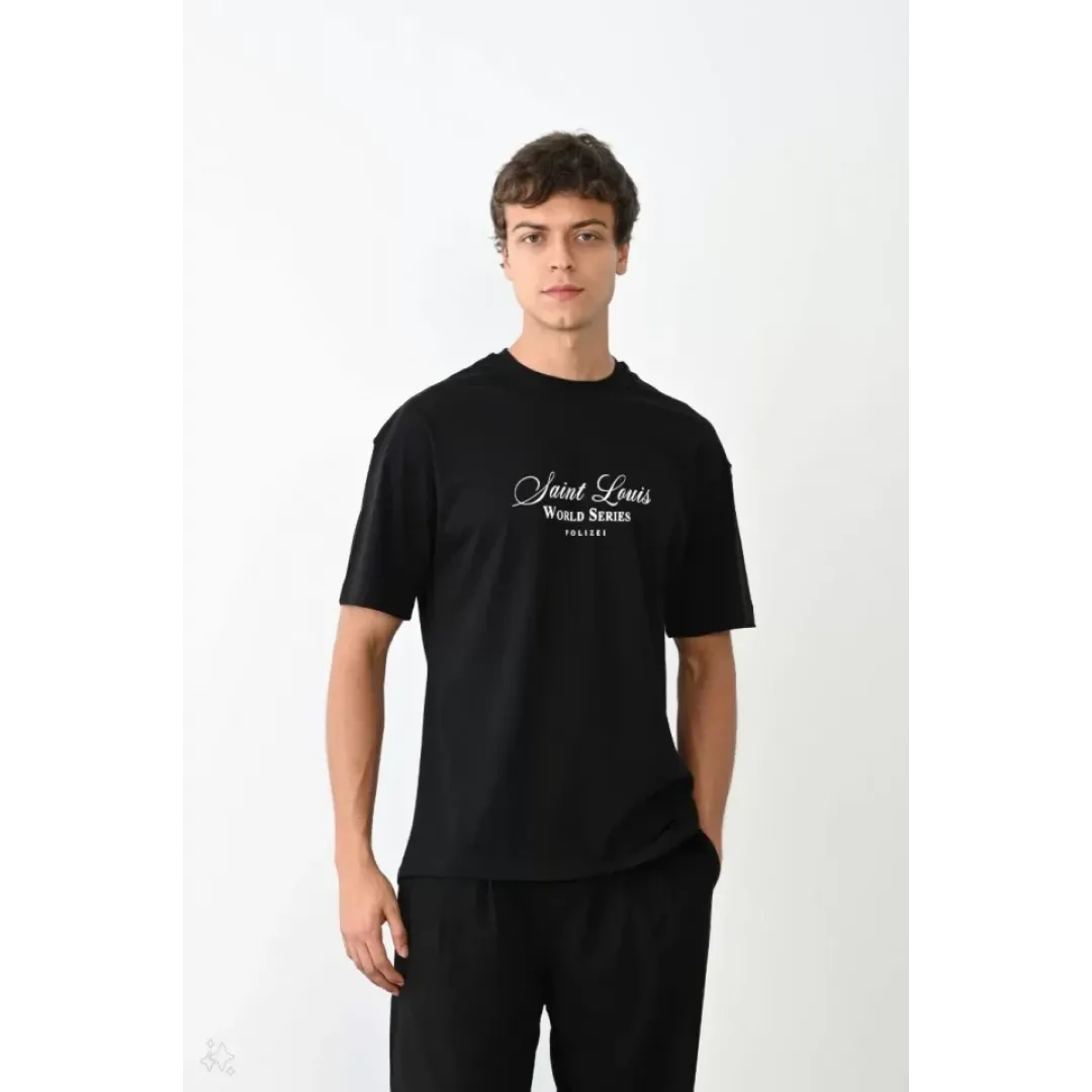 Unisex Bisiklet Yaka Baskılı Oversize T-Shirt - Siyah - 104374 Unisex Bisiklet Yaka Baskılı Oversize T-Shirt - Siyah - 104374