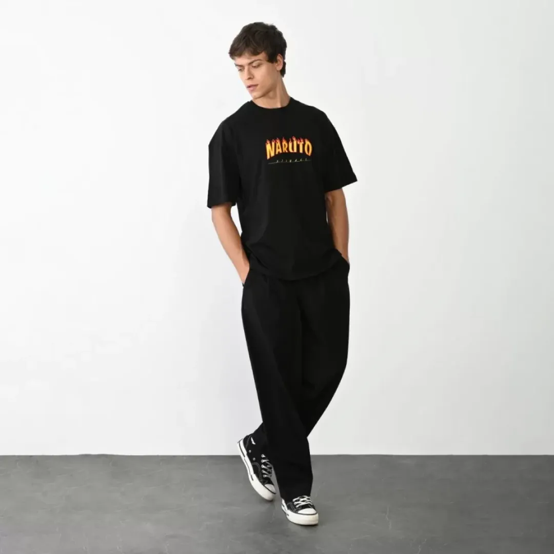 Unisex Bisiklet Yaka Baskılı Oversize T-Shirt - Siyah - 104378 Unisex Bisiklet Yaka Baskılı Oversize T-Shirt - Siyah - 104378