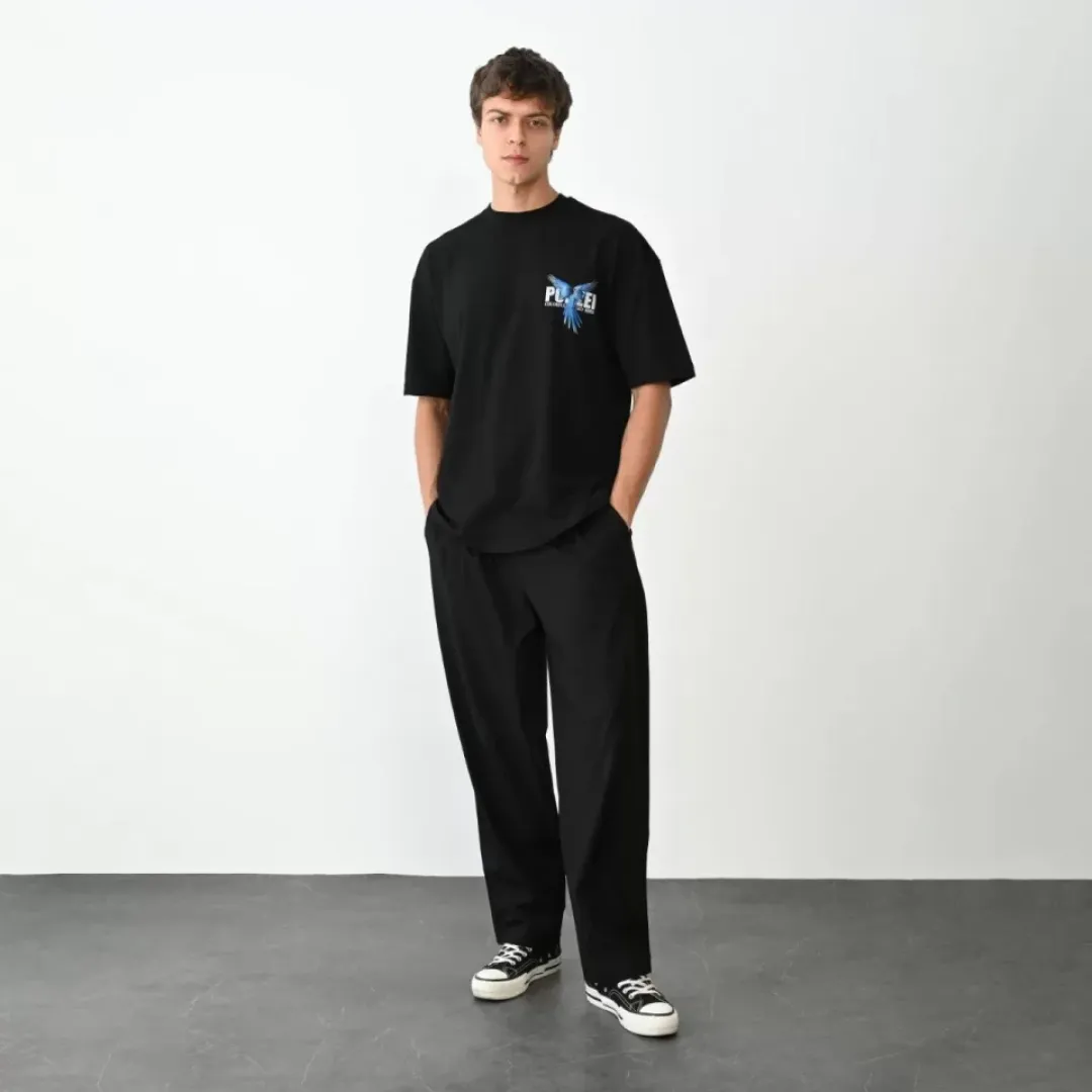 Unisex Bisiklet Yaka Baskılı Oversize T-Shirt - Siyah - 104380 Unisex Bisiklet Yaka Baskılı Oversize T-Shirt - Siyah - 104380