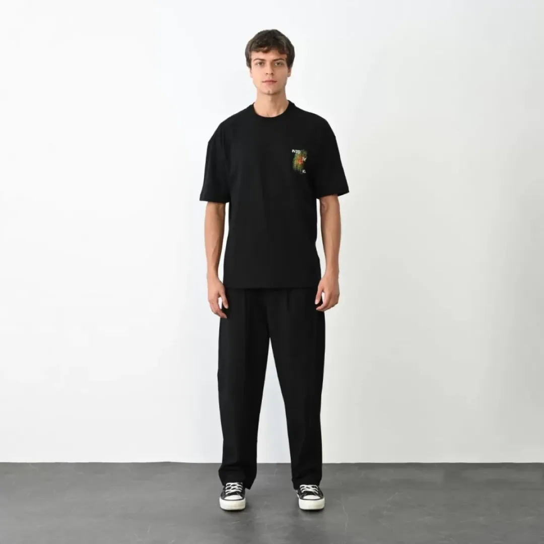 Unisex Bisiklet Yaka Baskılı Oversize T-Shirt - Siyah - 104383 Unisex Bisiklet Yaka Baskılı Oversize T-Shirt - Siyah - 104383