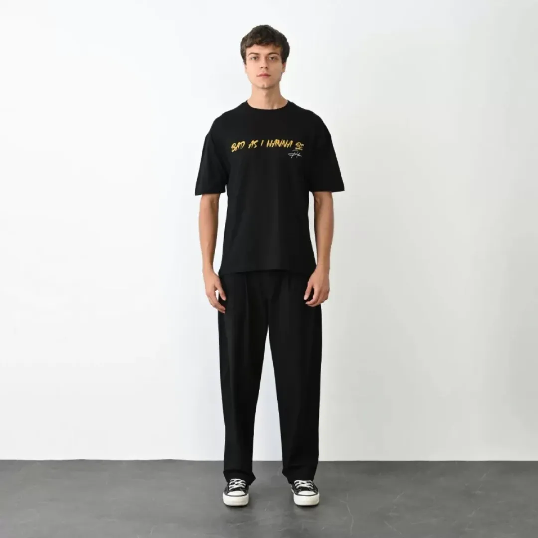 Unisex Bisiklet Yaka Baskılı Oversize T-Shirt - Siyah - 104386 Unisex Bisiklet Yaka Baskılı Oversize T-Shirt - Siyah - 104386