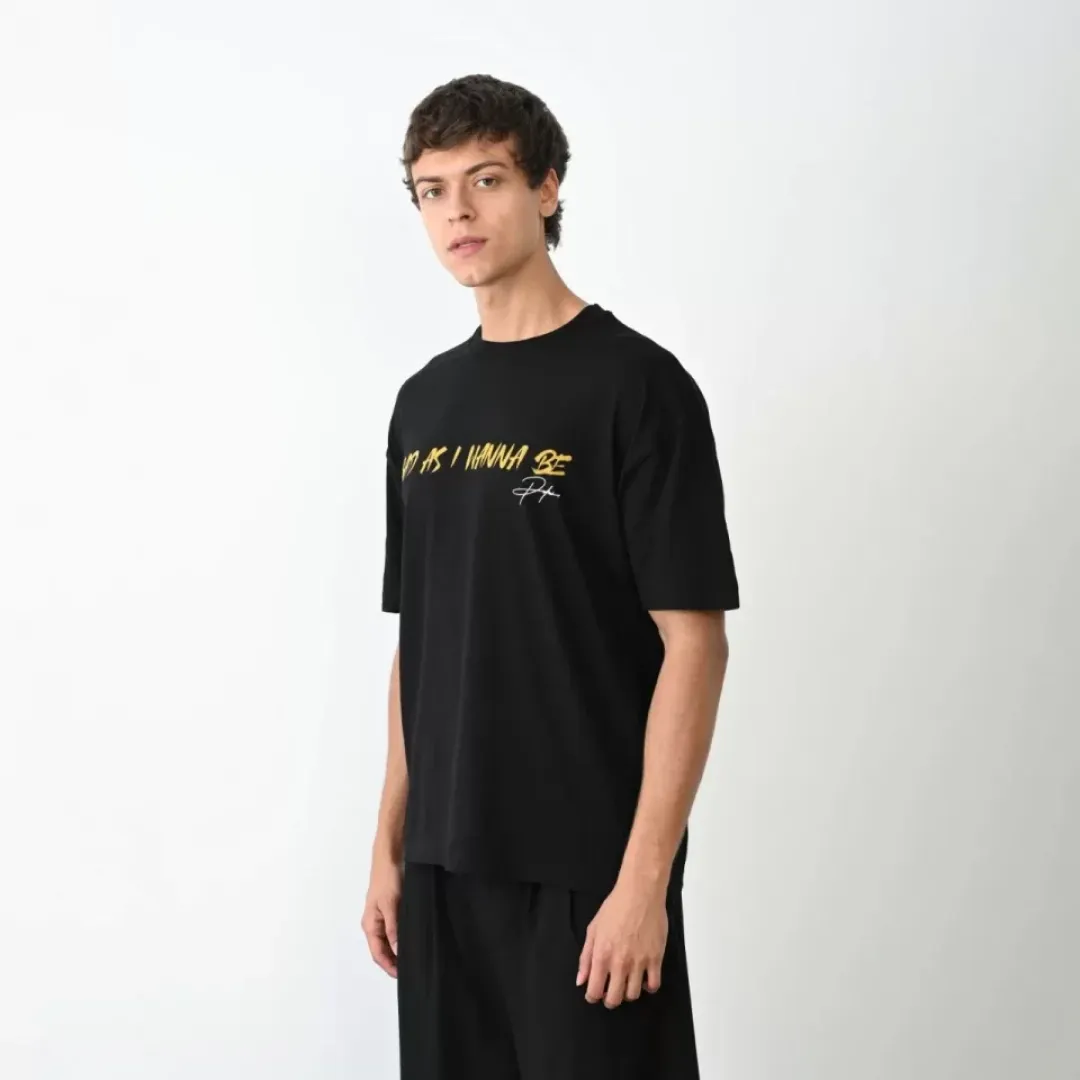 Unisex Bisiklet Yaka Baskılı Oversize T-Shirt - Siyah - 104386 Unisex Bisiklet Yaka Baskılı Oversize T-Shirt - Siyah - 104386