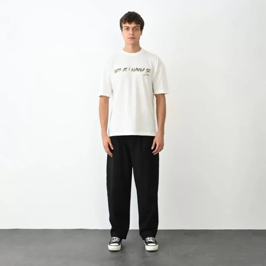 Unisex Bisiklet Yaka Baskılı Oversize T-Shirt - Beyaz - 104387