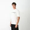 Unisex Bisiklet Yaka Baskılı Oversize T-Shirt - Beyaz - 104387