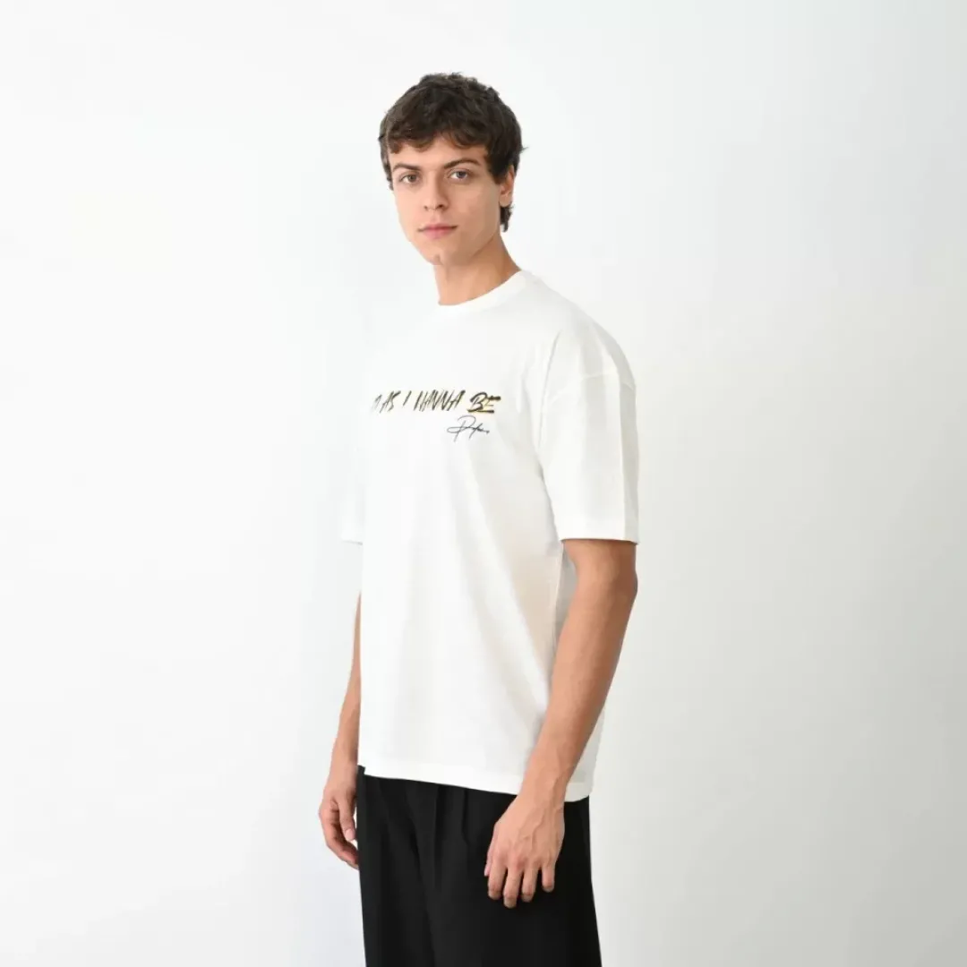 Unisex Bisiklet Yaka Baskılı Oversize T-Shirt - Beyaz - 104387