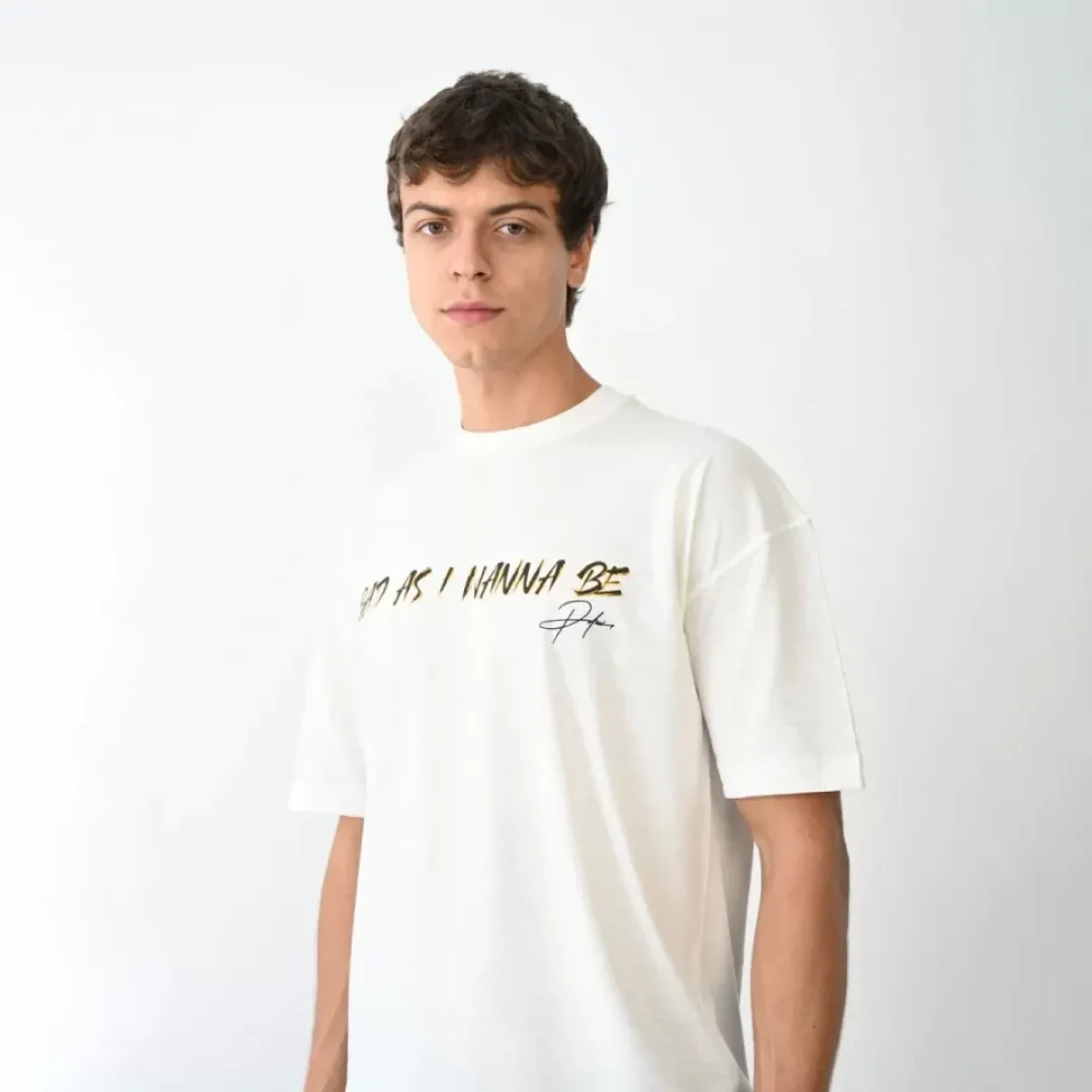 Unisex Bisiklet Yaka Baskılı Oversize T-Shirt - Beyaz - 104387