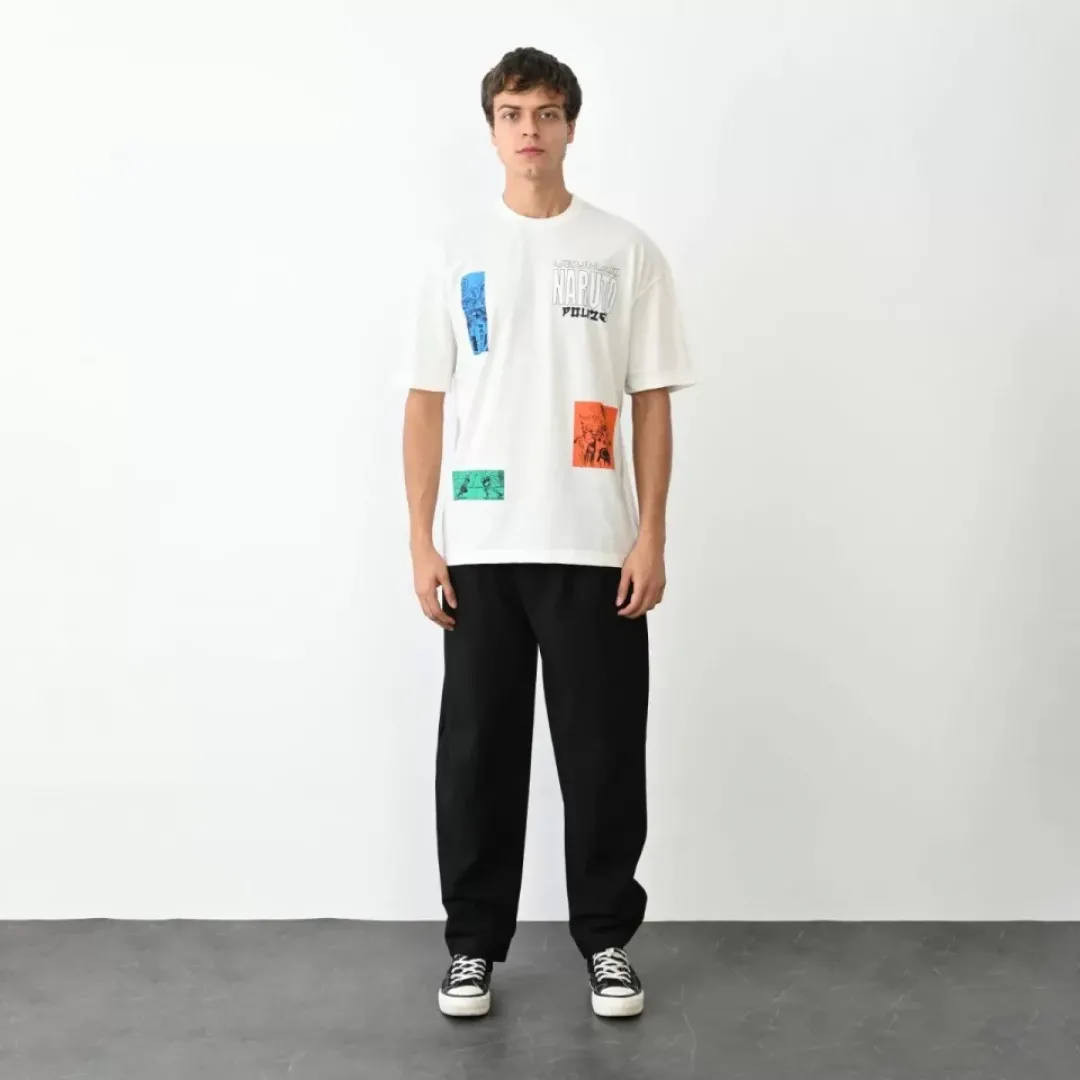 Unisex Bisiklet Yaka Baskılı Oversize T-Shirt - Beyaz - 104390