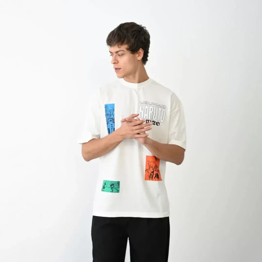 Unisex Bisiklet Yaka Baskılı Oversize T-Shirt - Beyaz - 104390