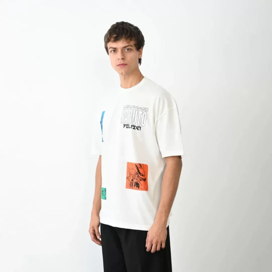 Unisex Bisiklet Yaka Baskılı Oversize T-Shirt - Beyaz - 104390