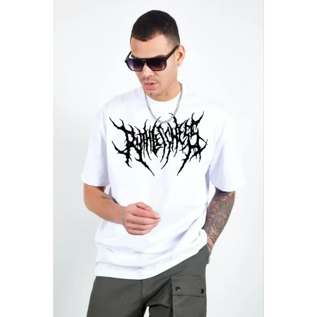 Unisex Bisiklet Yaka Baskılı Oversize T-Shirt - Beyaz - 104405