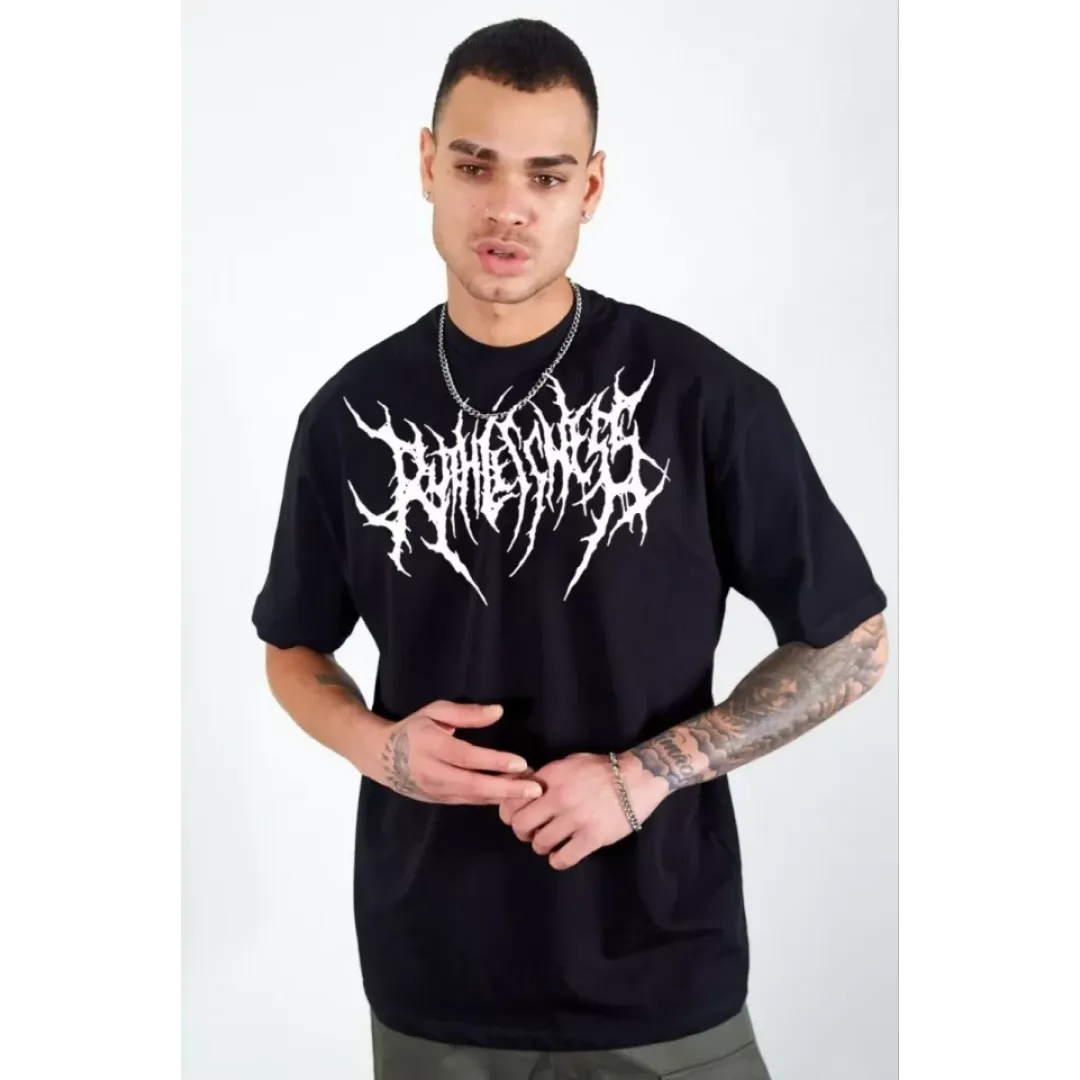 Unisex Bisiklet Yaka Baskılı Oversize T-Shirt - Siyah - 104406 Unisex Bisiklet Yaka Baskılı Oversize T-Shirt - Siyah - 104406