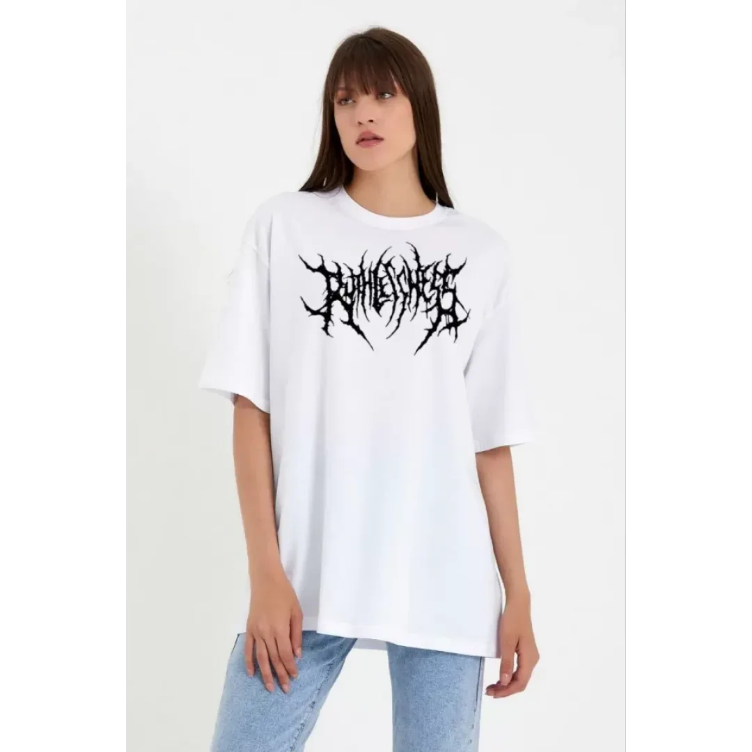 Unisex Bisiklet Yaka Baskılı Oversize T-Shirt - Beyaz - 104407 Unisex Bisiklet Yaka Baskılı Oversize T-Shirt - Beyaz - 104407
