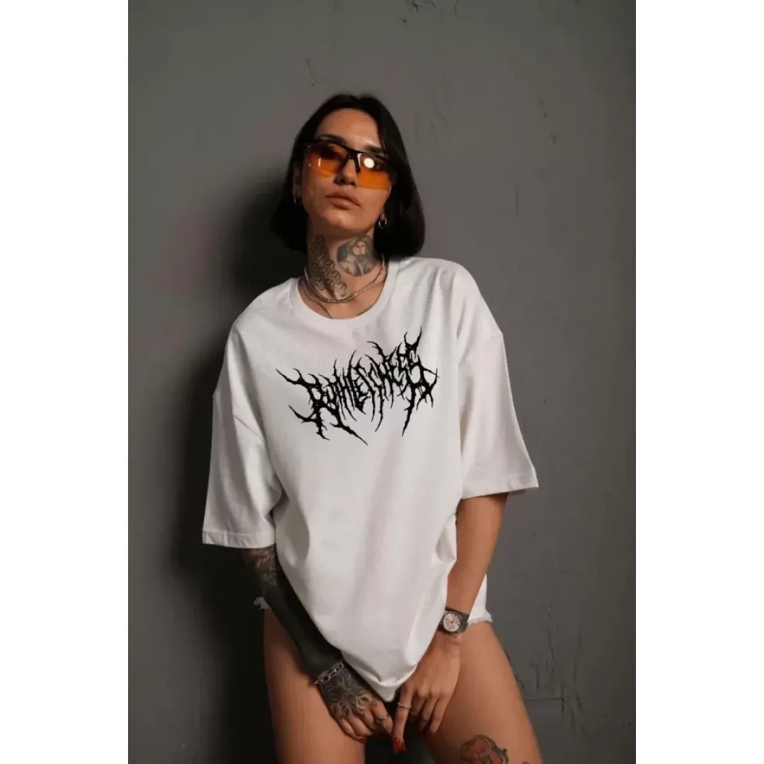 Unisex Bisiklet Yaka Baskılı Oversize T-Shirt - Beyaz - 104407 Unisex Bisiklet Yaka Baskılı Oversize T-Shirt - Beyaz - 104407