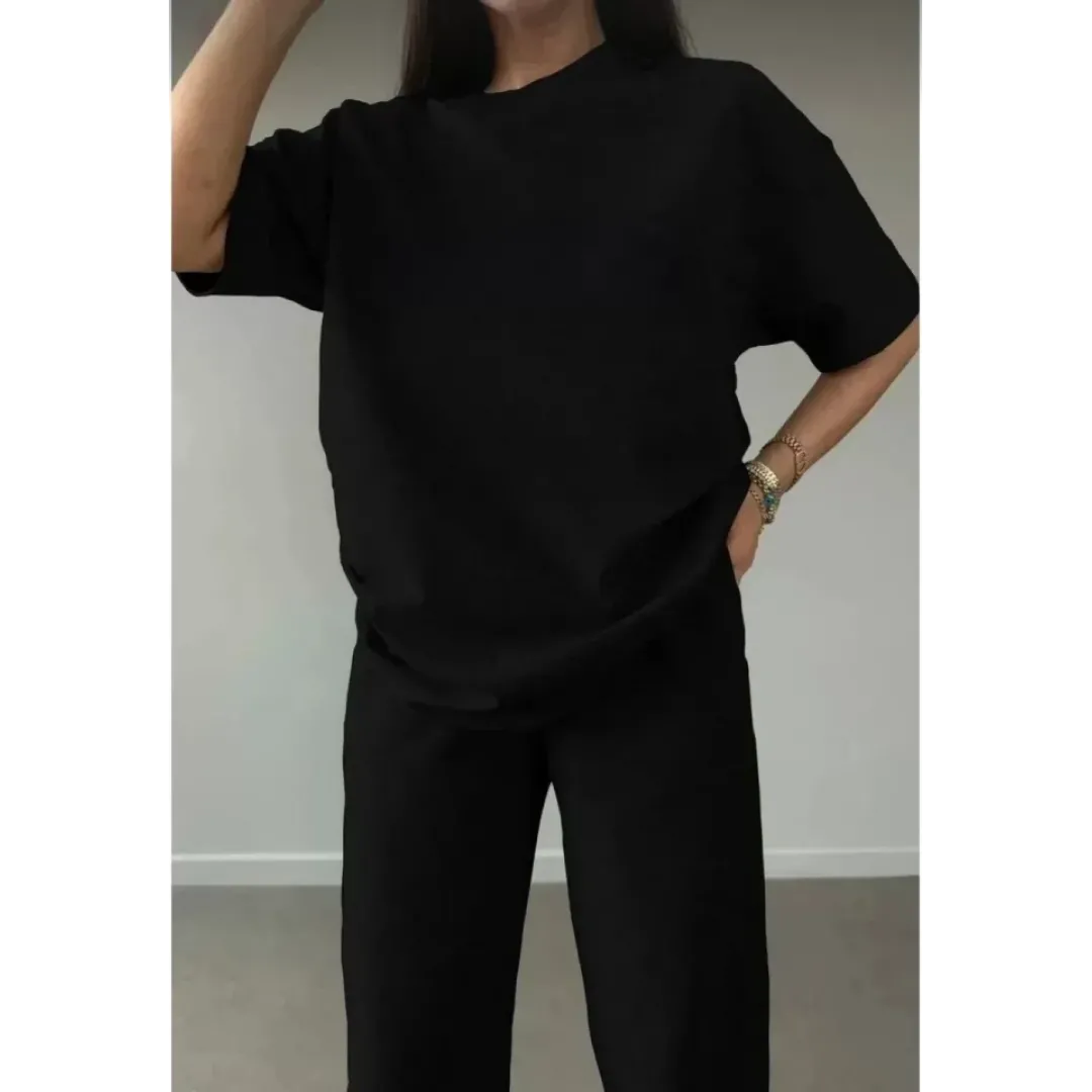 Unisex Düz T-Shirt Ve Eşofman Takımı - Siyah - 104549 Unisex Düz T-Shirt Ve Eşofman Takımı - Siyah - 104549