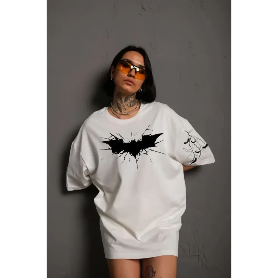 Unisex Ön Ve Kol Baskılı Oversize T-shirt - Beyaz - 104554 Unisex Ön Ve Kol Baskılı Oversize T-shirt - Beyaz - 104554