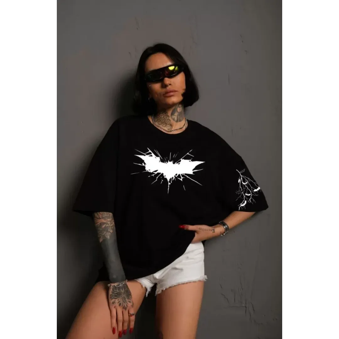 Unisex Ön Ve Kol Baskılı Oversize T-shirt - Siyah - 104555 Unisex Ön Ve Kol Baskılı Oversize T-shirt - Siyah - 104555