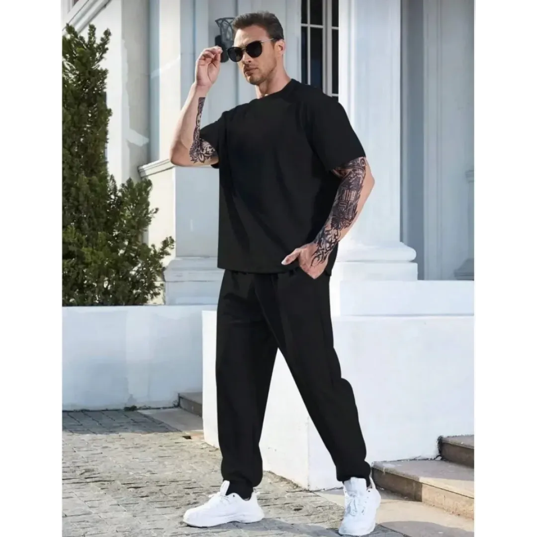Unisex Düz T-Shirt Ve Eşofman Takımı - Siyah - 104563 Unisex Düz T-Shirt Ve Eşofman Takımı - Siyah - 104563
