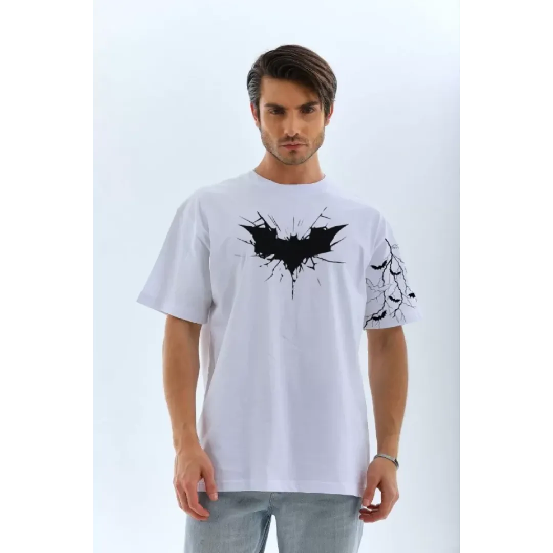 Unisex Ön Ve Kol Baskılı Oversize T-shirt - Beyaz