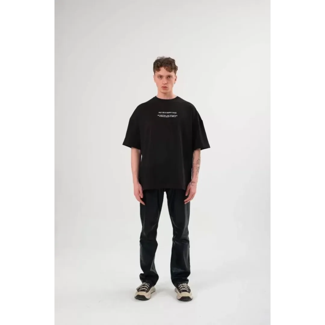 Unisex Bisiklet Yaka Baskılı Oversize T-Shirt - Siyah - 105171 Unisex Bisiklet Yaka Baskılı Oversize T-Shirt - Siyah - 105171