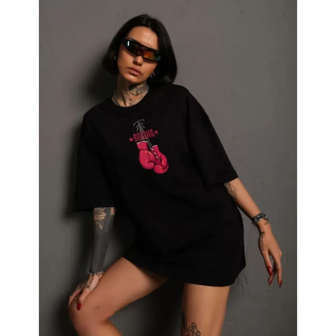 Unisex Bisiklet Yaka Baskılı Oversize T-Shirt - Siyah - 106715 Unisex Bisiklet Yaka Baskılı Oversize T-Shirt - Siyah - 106715