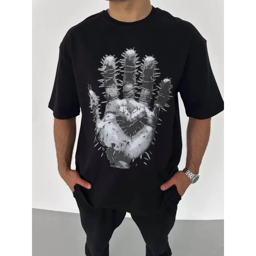 Unisex Bisiklet Yaka Baskılı Oversize T-Shirt - Siyah - 106724 Unisex Bisiklet Yaka Baskılı Oversize T-Shirt - Siyah - 106724