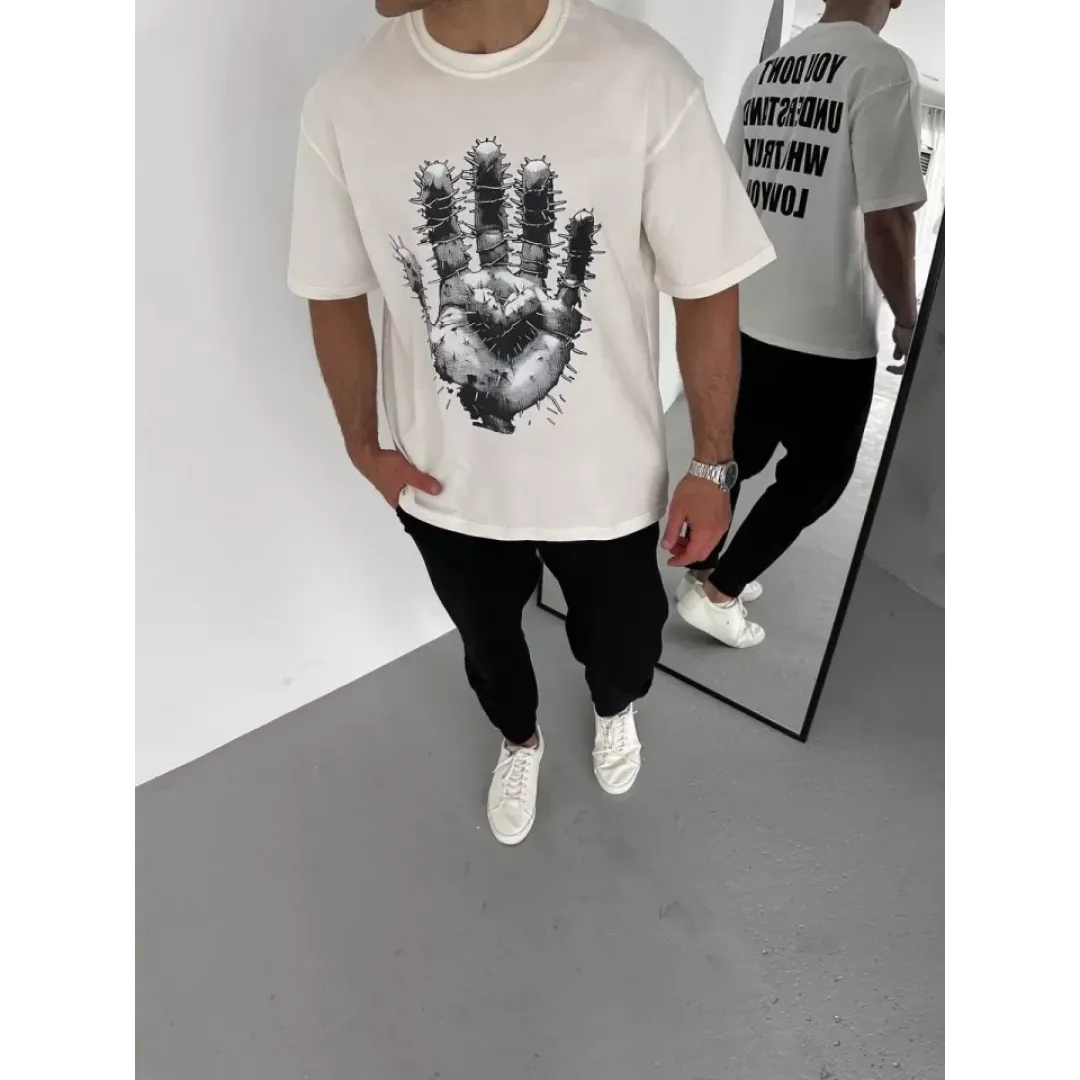 Unisex Bisiklet Yaka Baskılı Oversize T-Shirt - Beyaz - 106725 Unisex Bisiklet Yaka Baskılı Oversize T-Shirt - Beyaz - 106725