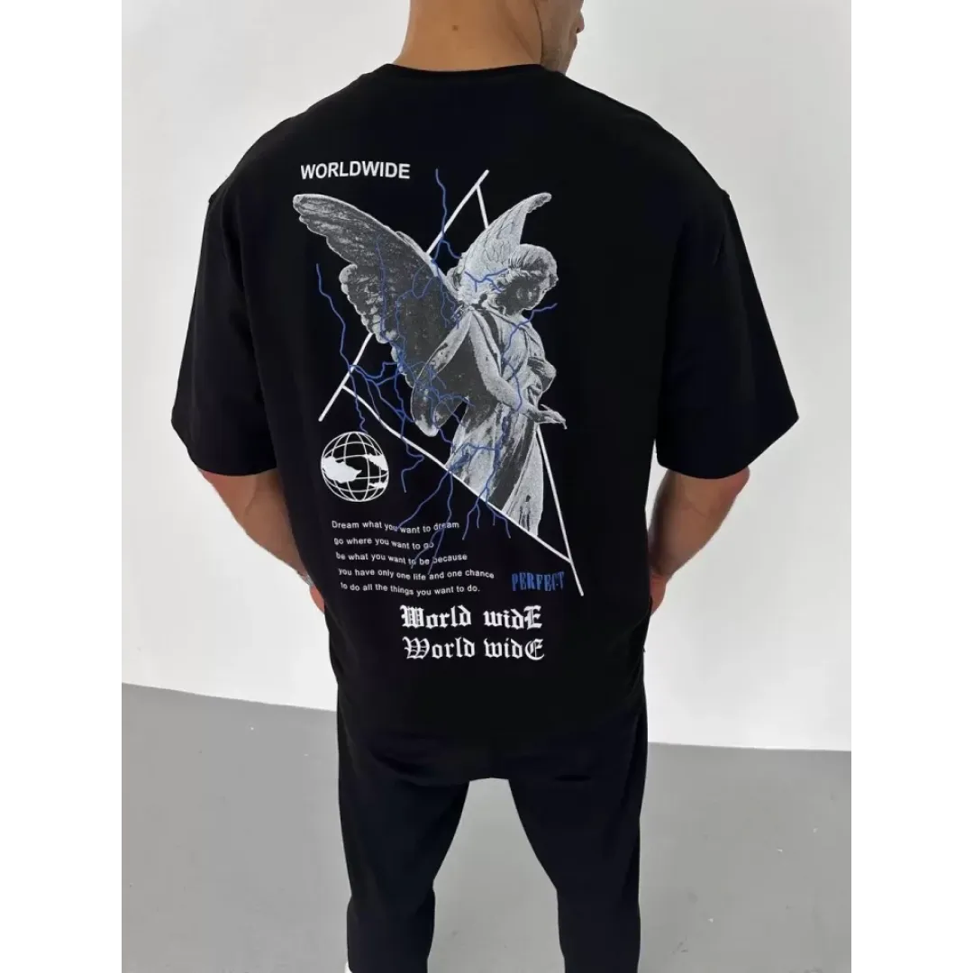 Unisex Bisiklet Yaka Baskılı Oversize T-Shirt - Siyah - 106742 Unisex Bisiklet Yaka Baskılı Oversize T-Shirt - Siyah - 106742