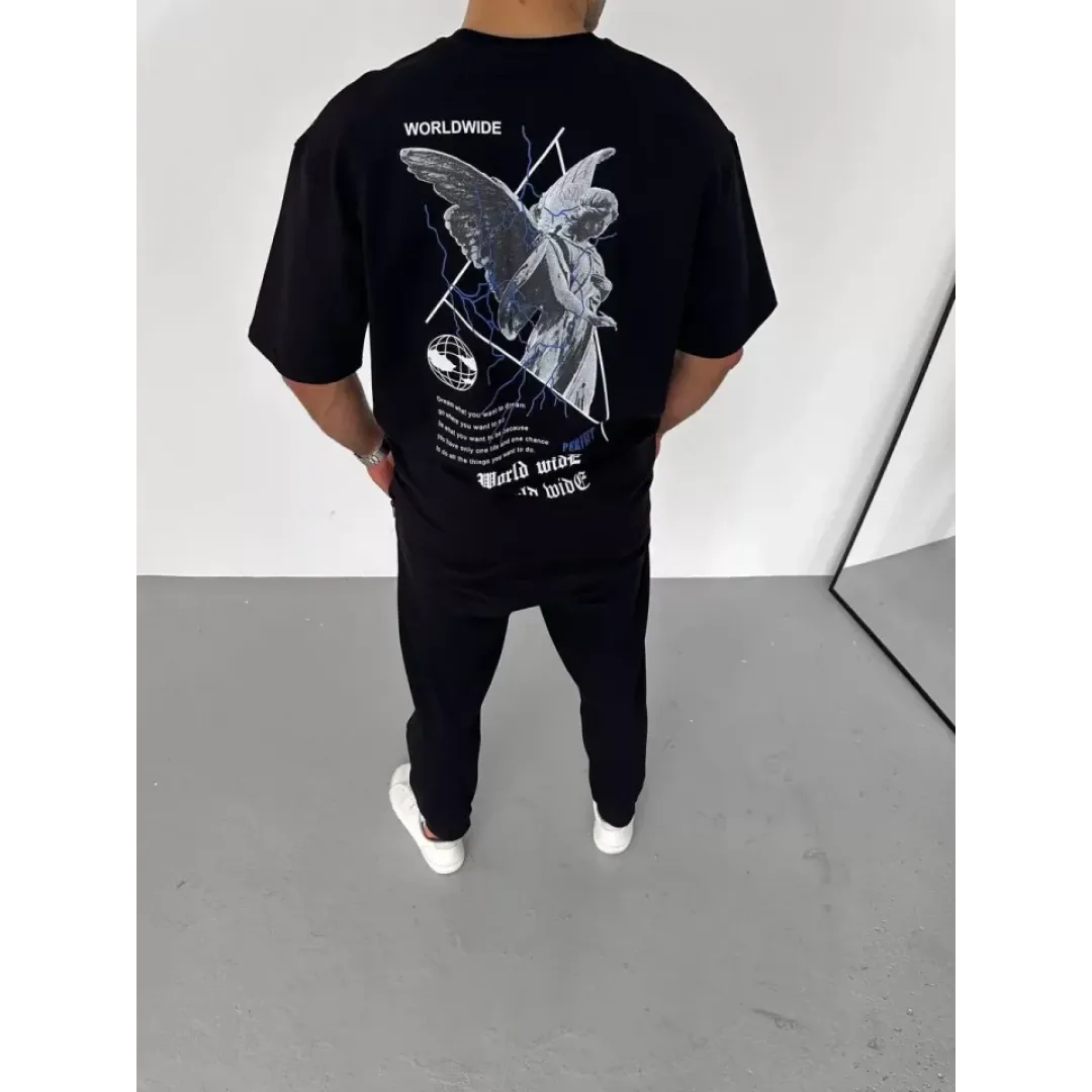 Unisex Bisiklet Yaka Baskılı Oversize T-Shirt - Siyah - 106742 Unisex Bisiklet Yaka Baskılı Oversize T-Shirt - Siyah - 106742