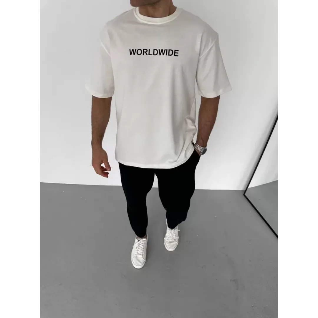 Unisex Bisiklet Yaka Baskılı Oversize T-Shirt - Beyaz - 106743 Unisex Bisiklet Yaka Baskılı Oversize T-Shirt - Beyaz - 106743