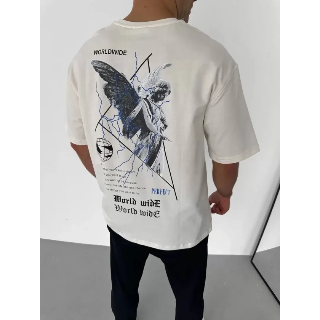 Unisex Bisiklet Yaka Baskılı Oversize T-Shirt - Beyaz - 106743 Unisex Bisiklet Yaka Baskılı Oversize T-Shirt - Beyaz - 106743